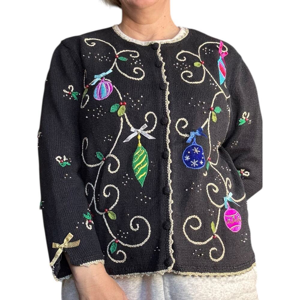 Vintage 90s Black Christmas Ornament Embroidered Knit Cardigan Holiday Sweater